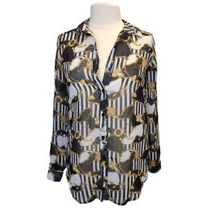 Forever 21 Nautical Black White Gold Sheer Long Sleeve Button Blouse Womens S